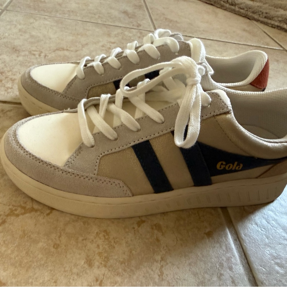 Gola Beige Sneakers with Navy Stripes and Orange Heel Accent - Picture 2 of 6